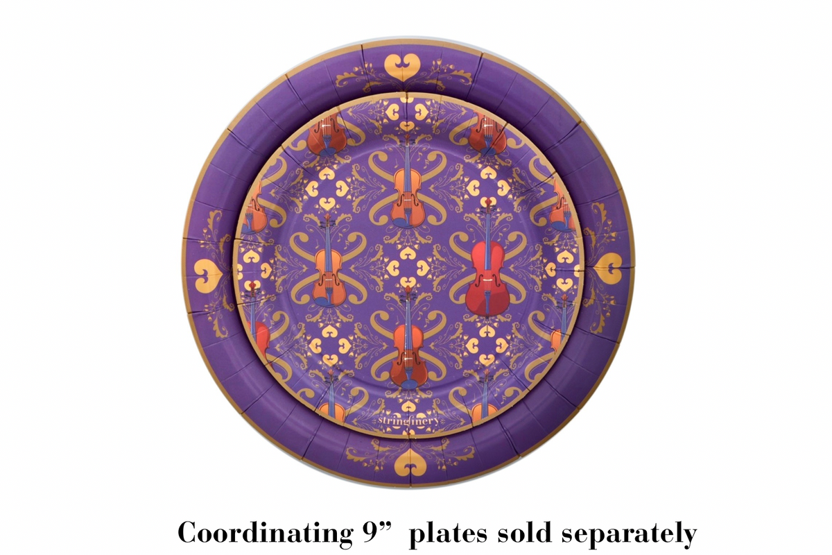 Royal 7-inch string quartet paper plate stacked on royal 9-inch string quartet paper plate