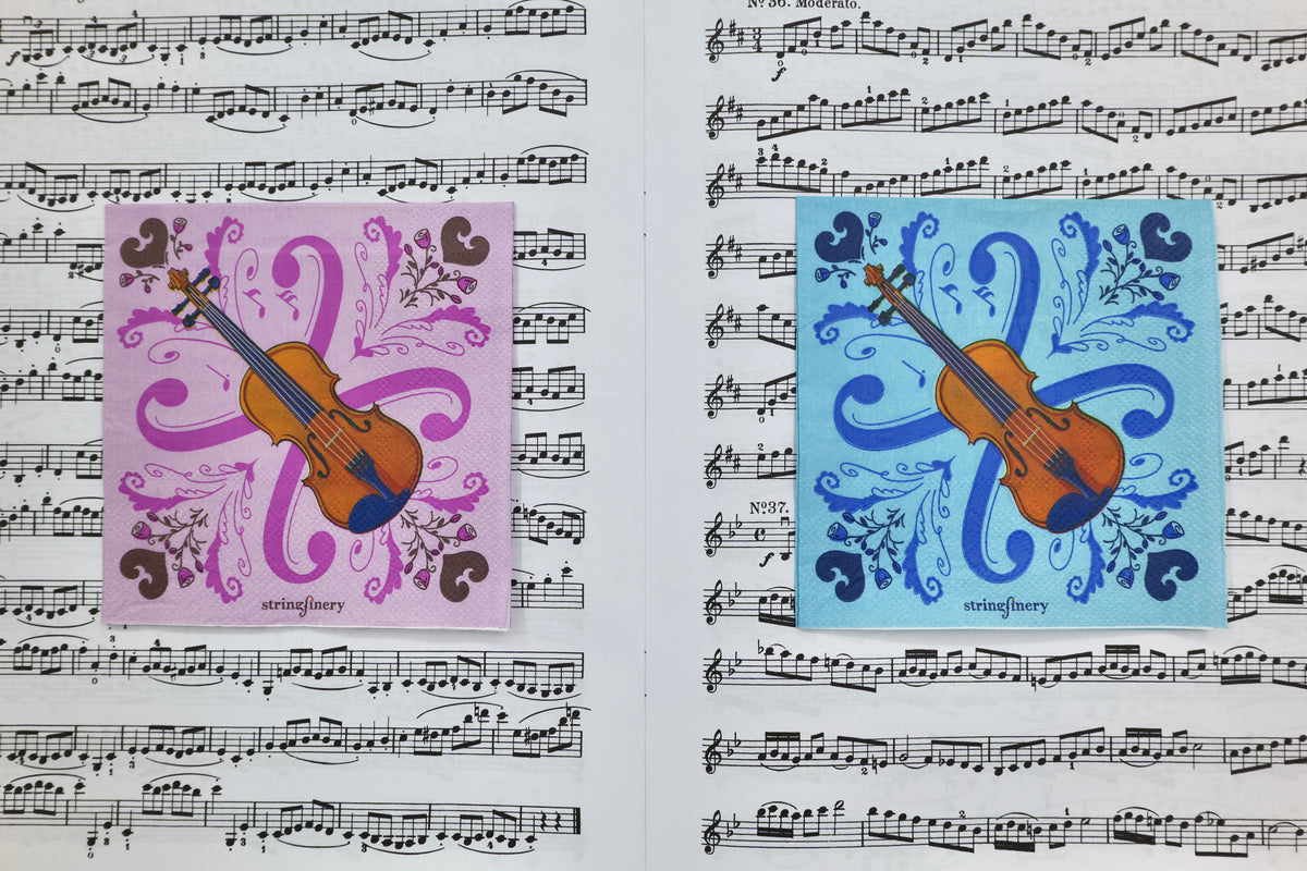 Pink and blue 5-inch paper napkins with violin design and decorative musical pattern on sheet music