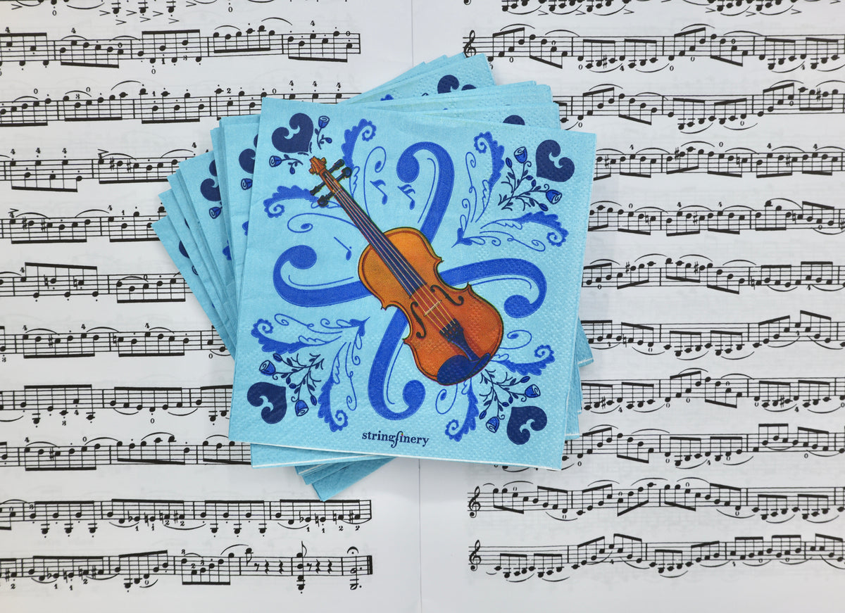 Blue 5-inch paper napkins with violin design and decorative musical pattern on sheet music