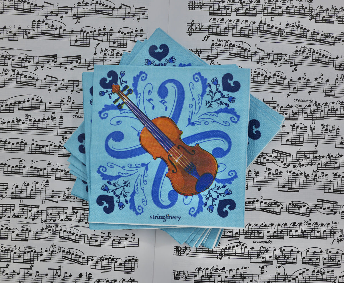 Blue 5-inch paper napkins with viola design and decorative musical pattern on sheet music