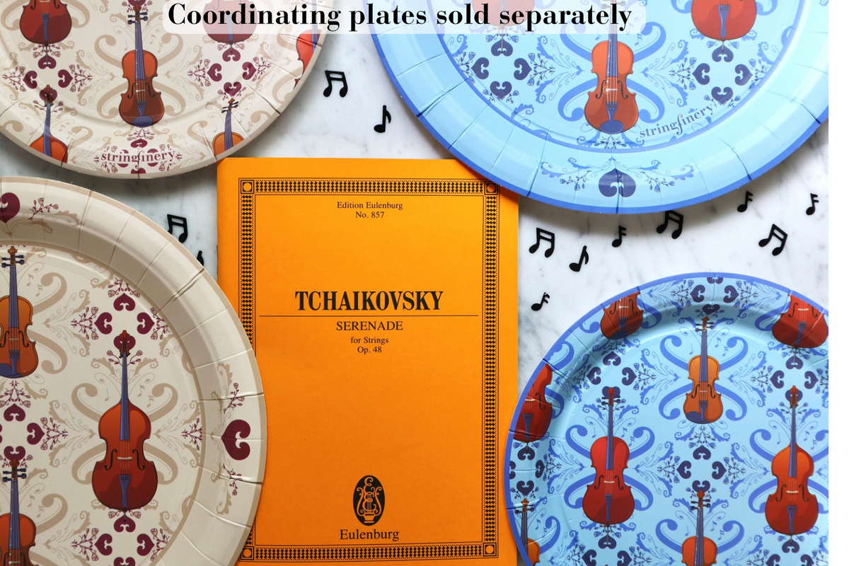 Cream and blue 9-inch and 7-inch string section paper plates with sheet music