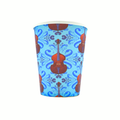 Blue 9 oz paper cup with repeating double bass pattern