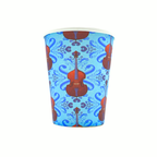 Blue 9 oz paper cup with repeating double bass pattern