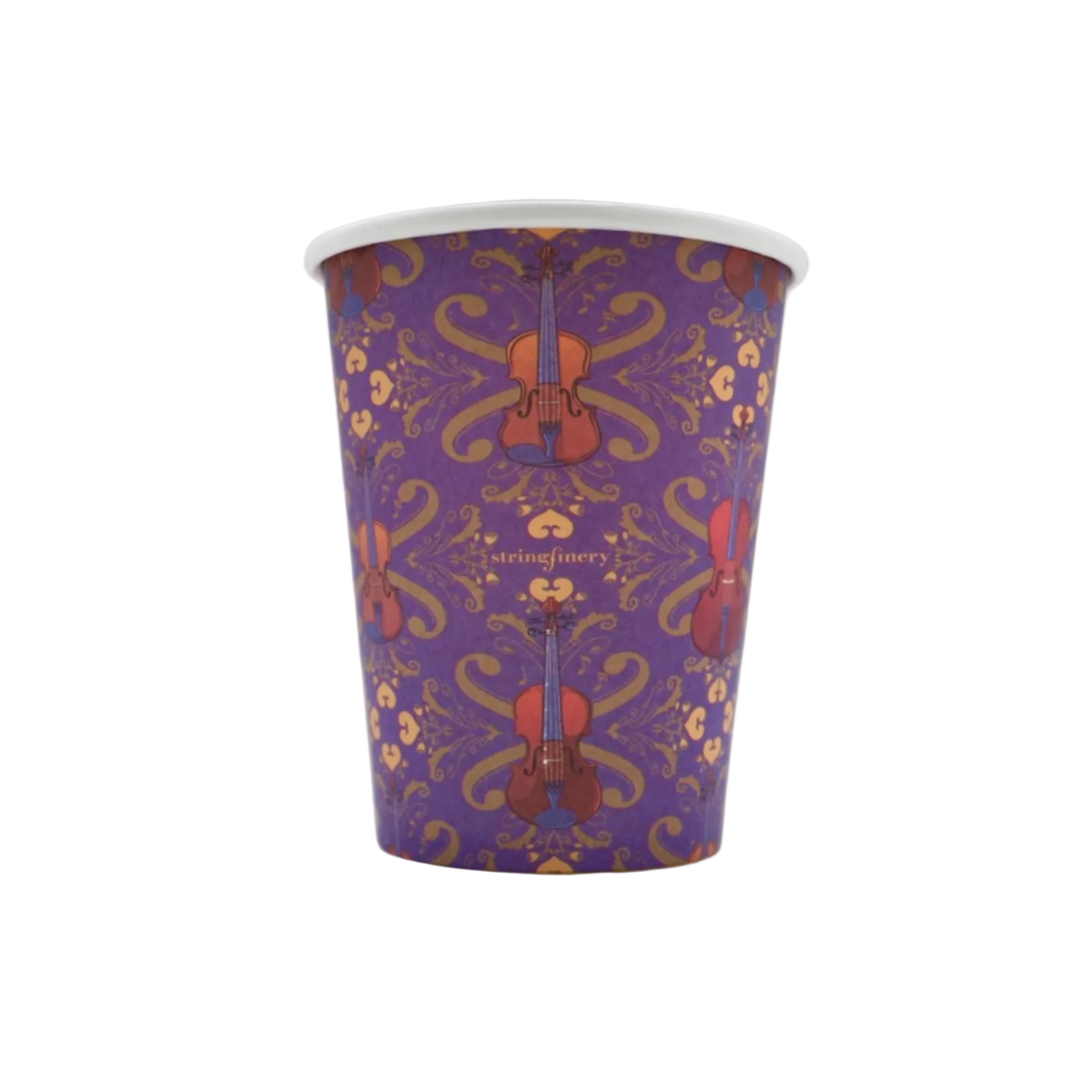 Royal 9 oz paper cup with repeating string quartet pattern