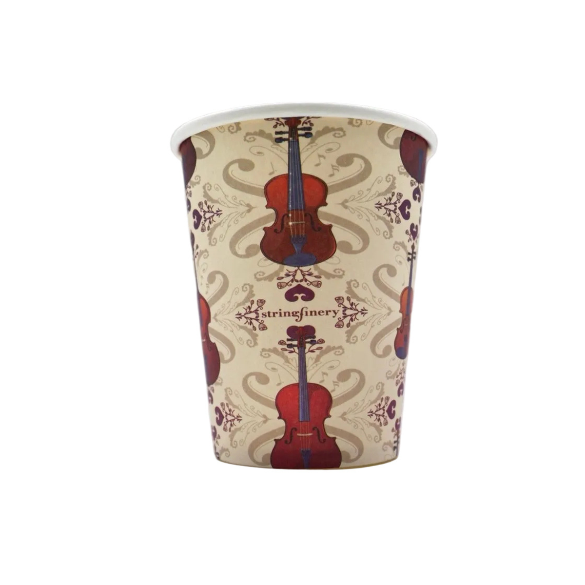 Cream 9 oz paper cup with repeating string section pattern