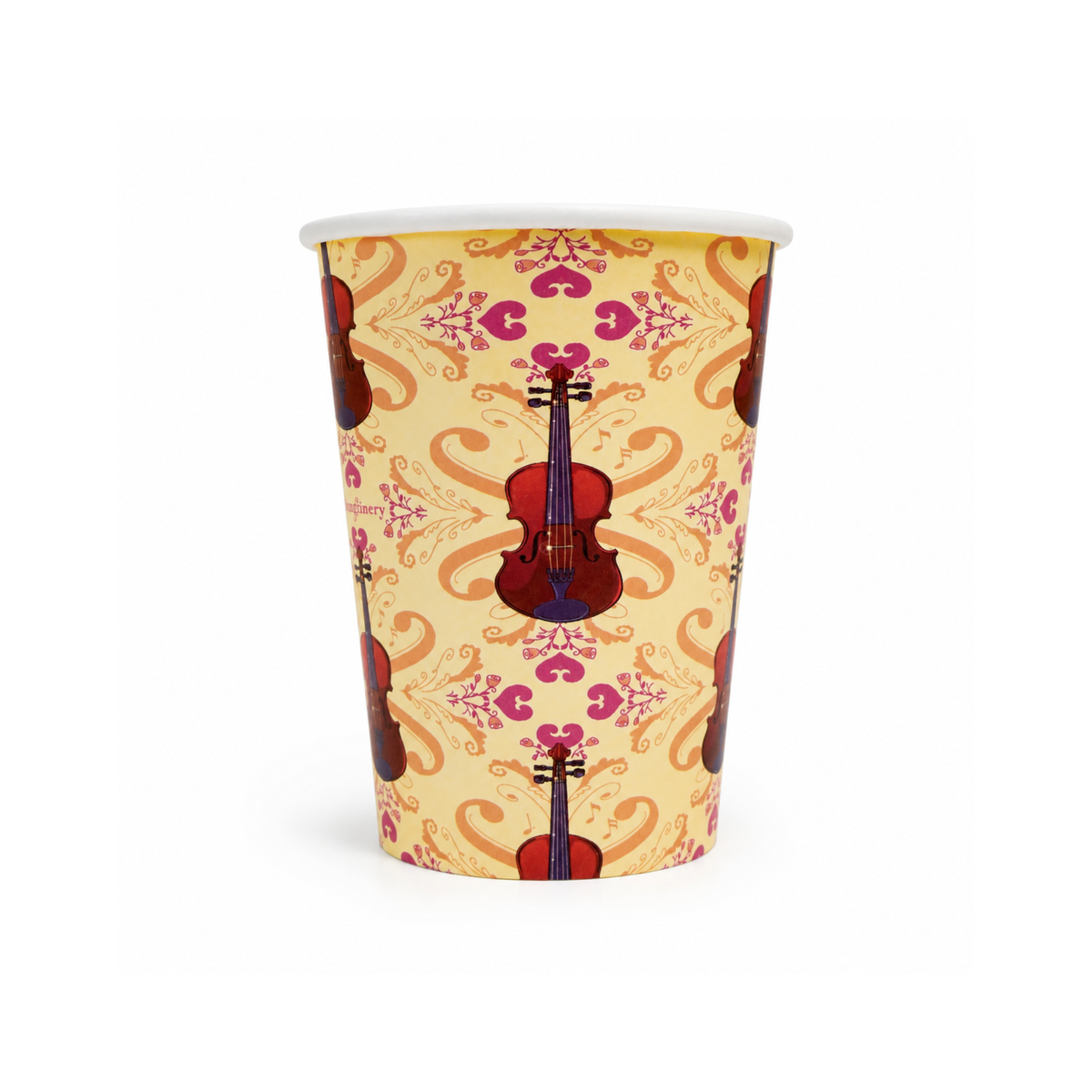 Dawn 9 oz paper cup with repeating viola pattern