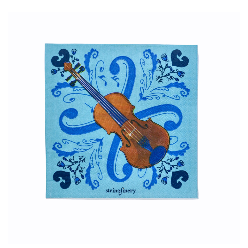 Blue 5-inch paper napkin with viola design and decorative musical pattern 
