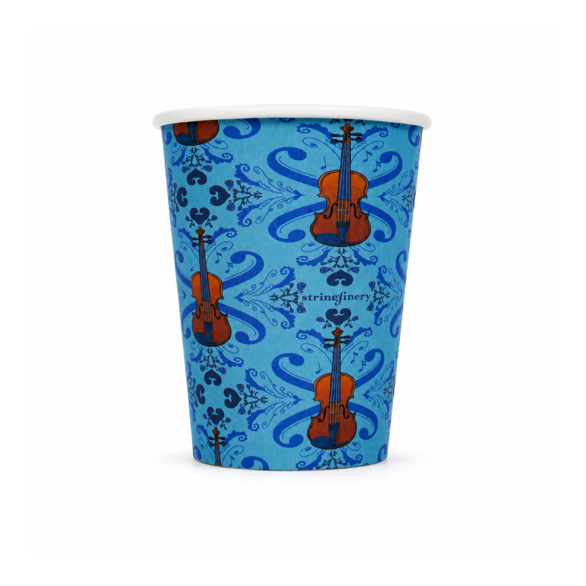 Blue 9 oz paper cup with repeating violin pattern