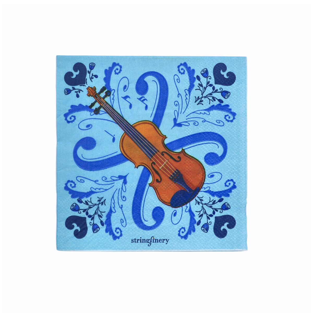 Blue 5-inch paper napkin with violin design and decorative musical pattern 