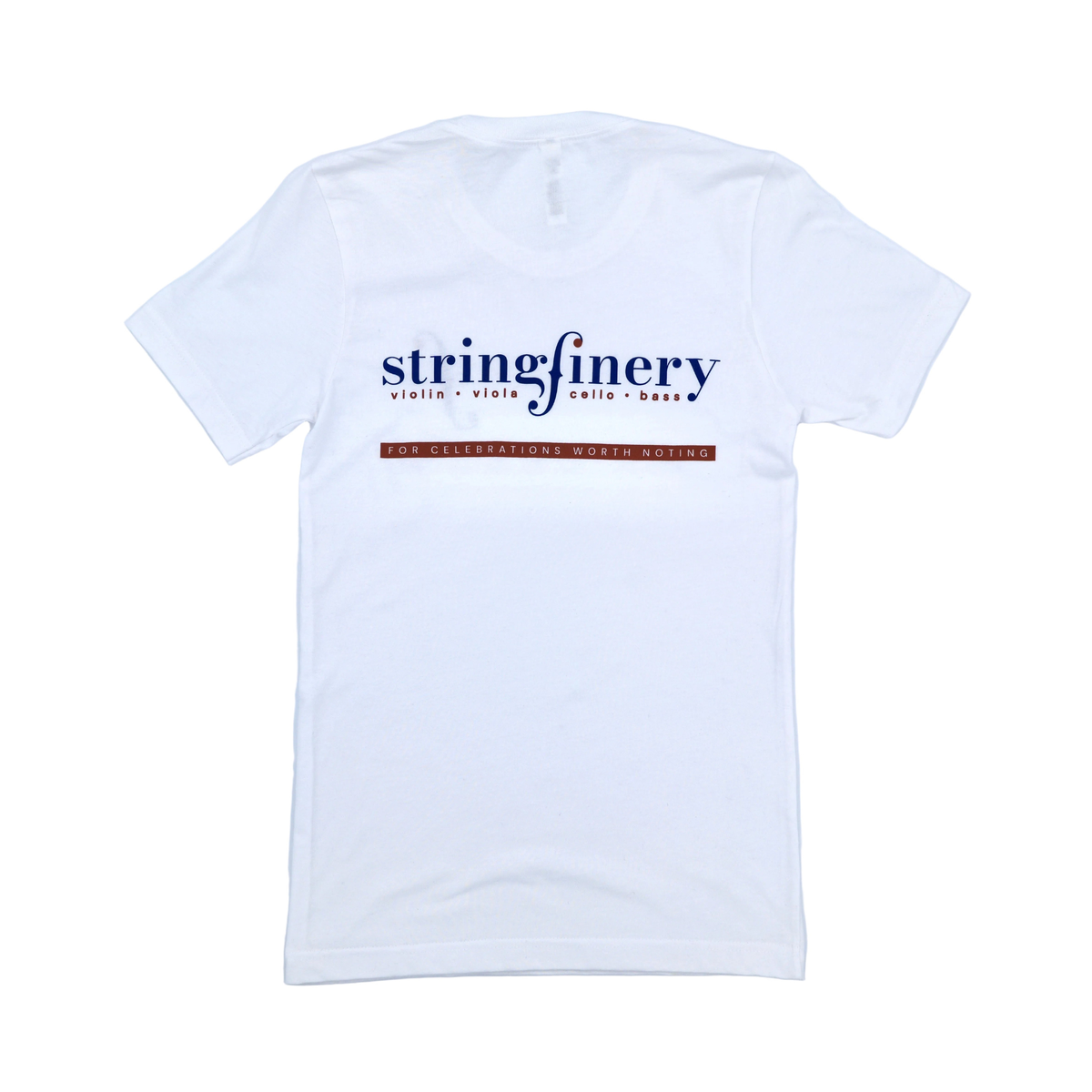 Classic white Stringfinery adult T-shirt with navy blue Stringfinery logo and tagline on back