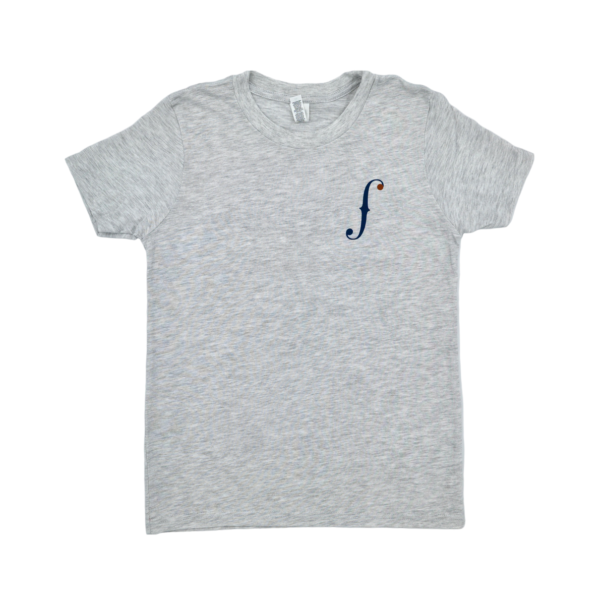 Ash gray Stringfinery youth T-shirt with navy blue signature f logo on front