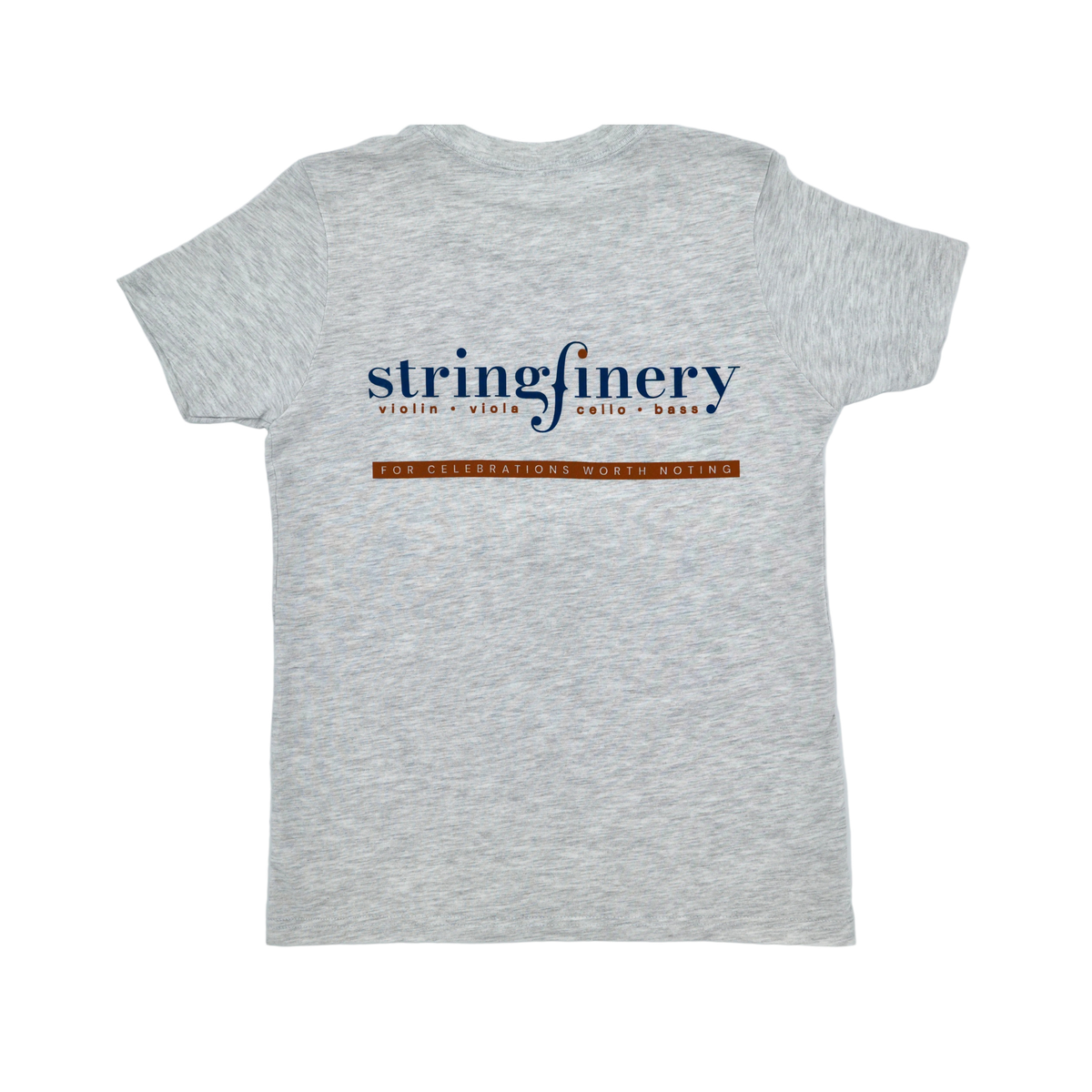 Ash gray Stringfinery youth T-shirt with navy blue Stringfinery logo and tagline on back
