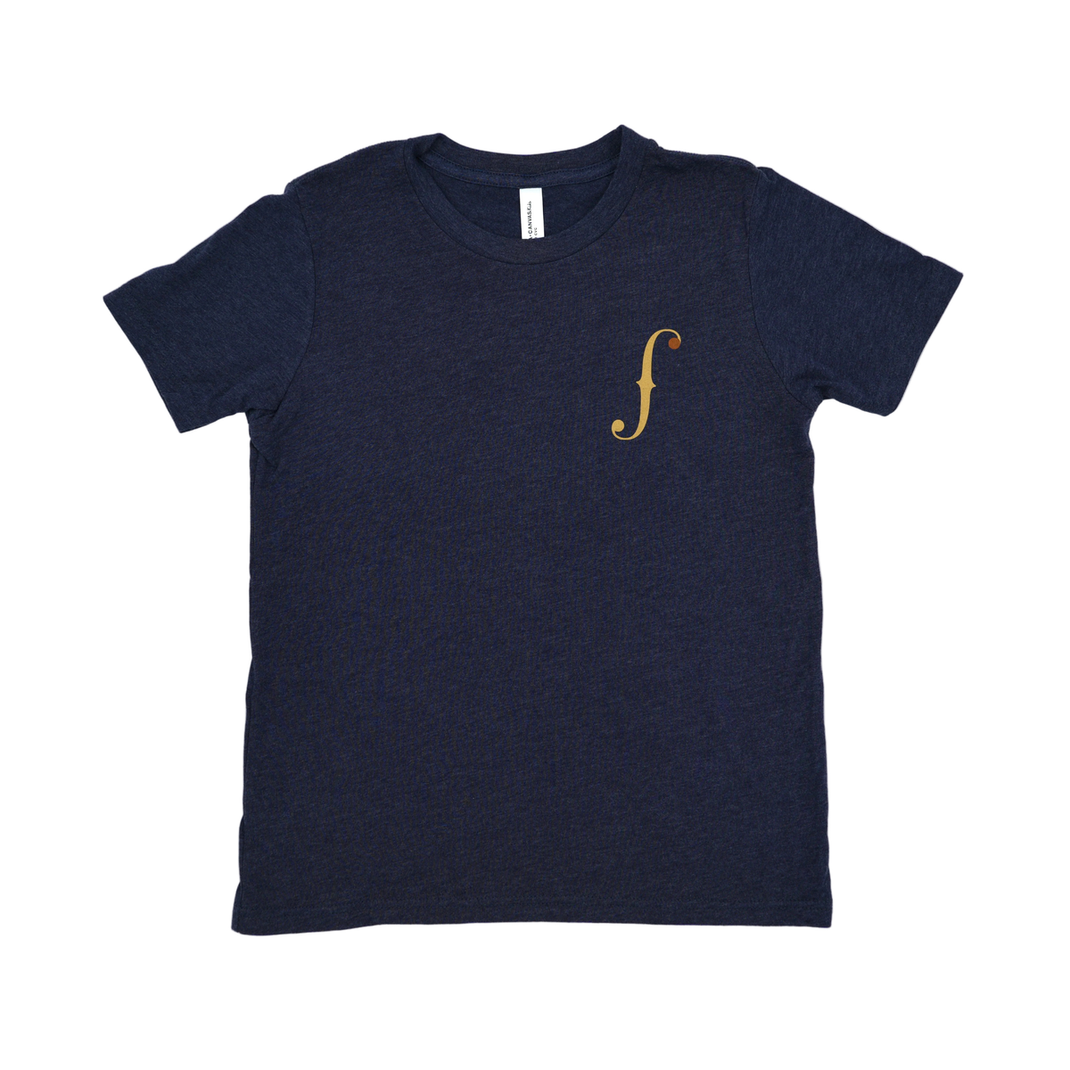 Heather navy Stringfinery youth T-shirt with gold signature f logo on front