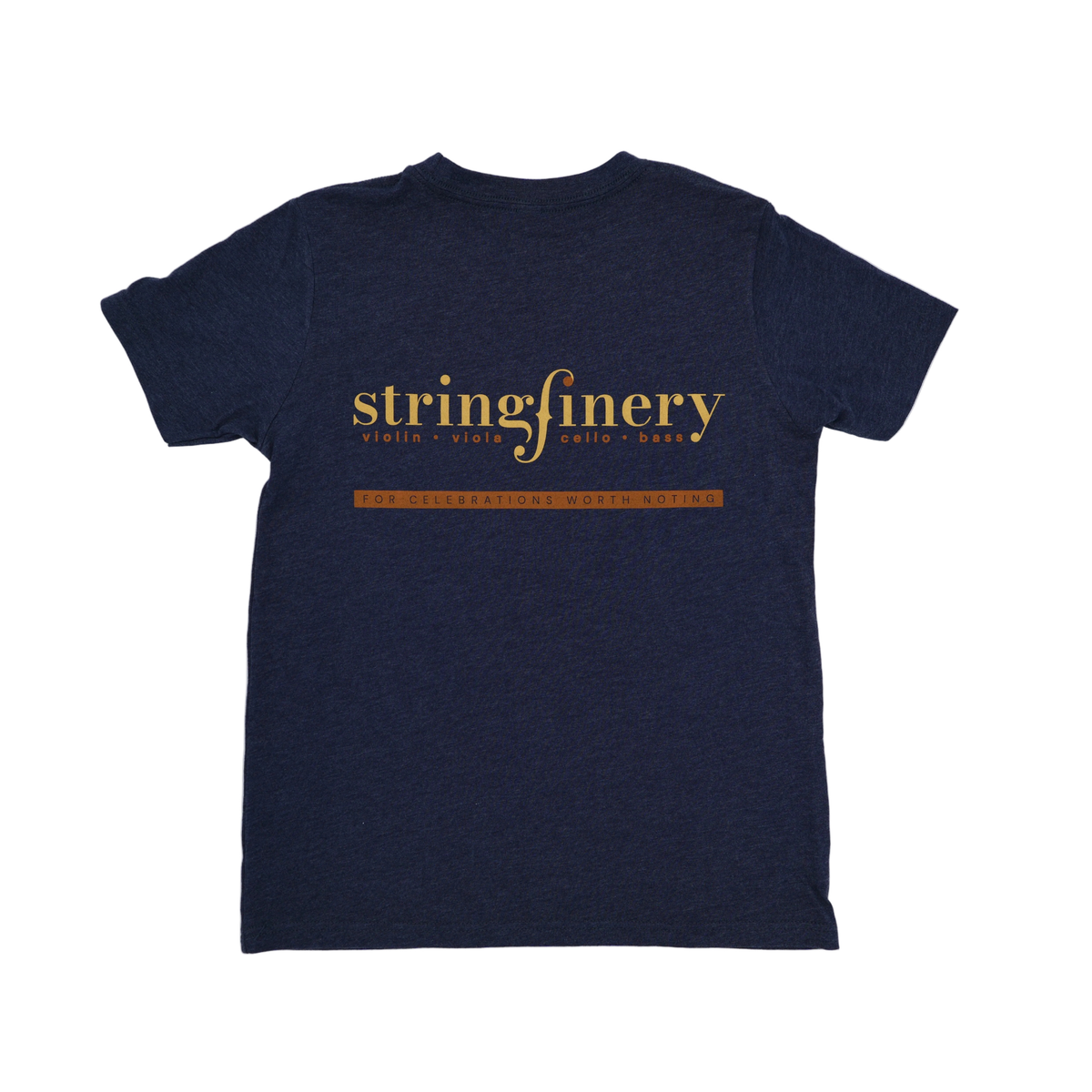 Heather navy Stringfinery youth T-shirt with gold Stringfinery logo and tagline on back