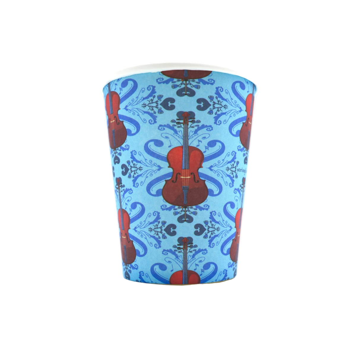 Blue 9 oz paper cup with repeating cello pattern