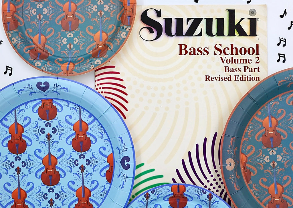 Blue and coppertones 9-inch and 7-inch double bass paper plates with music book