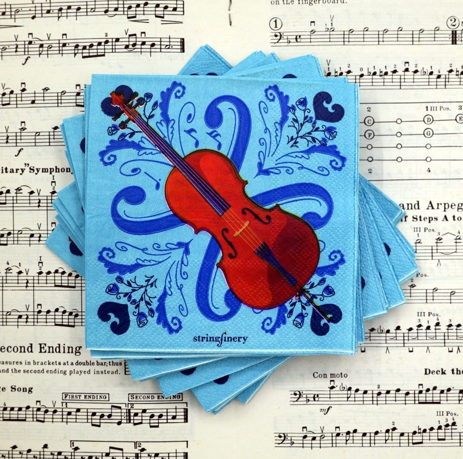 Blue 5-inch paper napkins with cello design and decorative musical pattern on sheet music