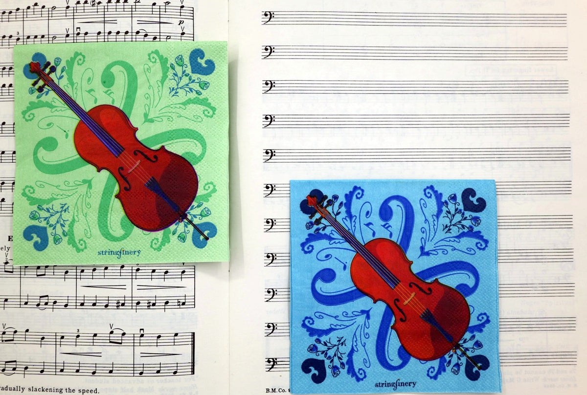 Eau de Nil and blue 5-inch paper napkins with cello design and decorative musical pattern on sheet music