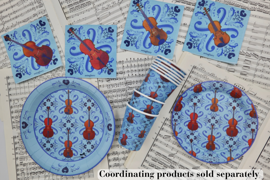 Blue 9-inch and 7-inch string section paper plates with string section cups and napkins