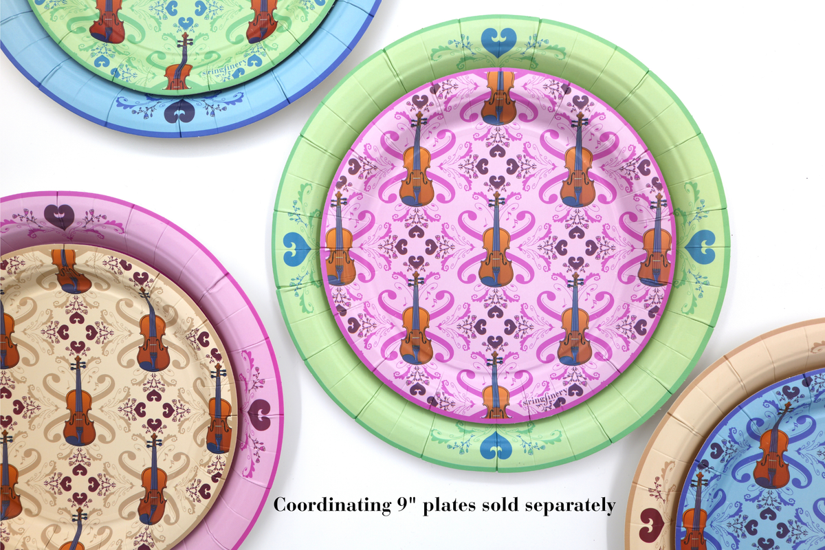 Different colors of 7-inch and 9-inch violin paper plates stacked together