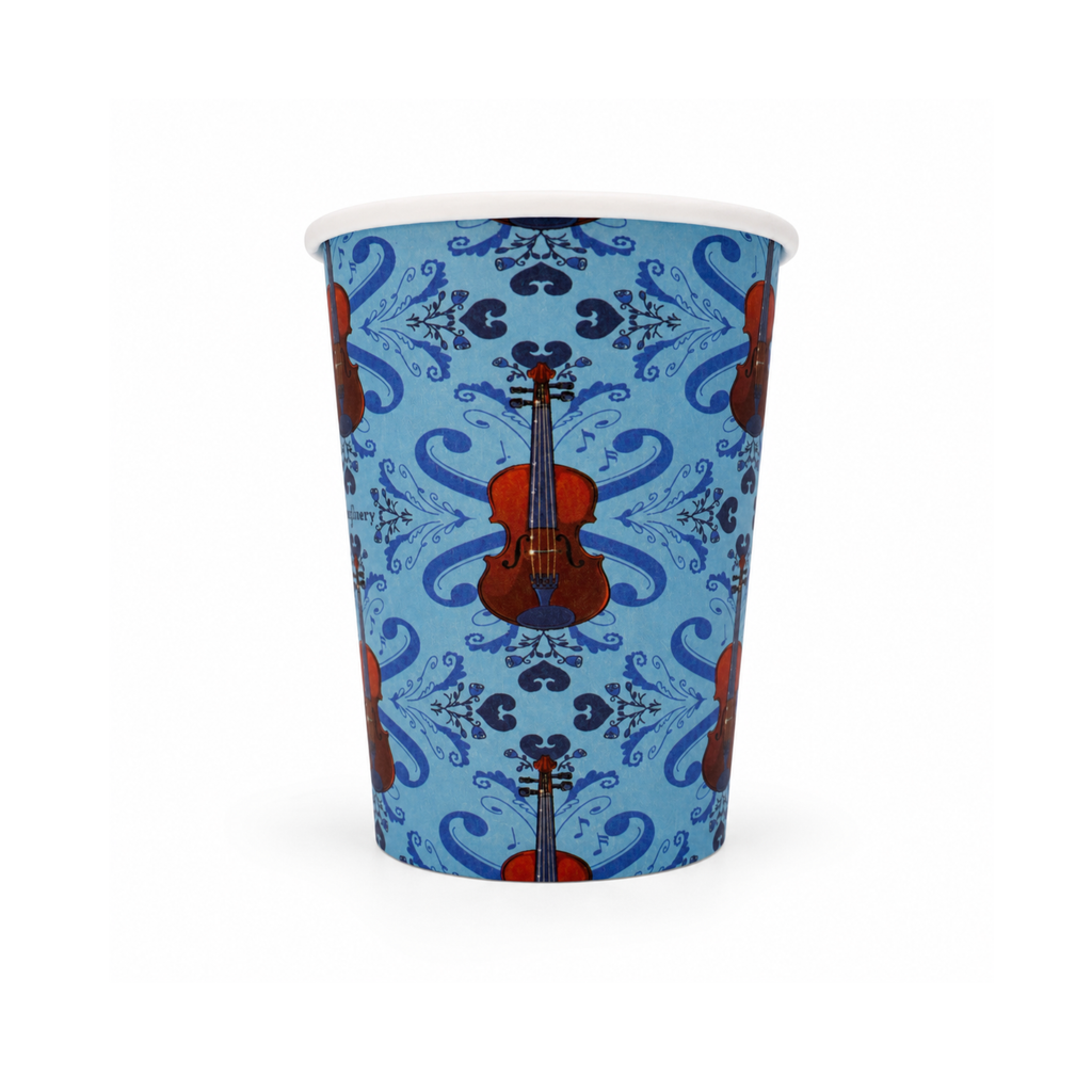 Blue 9 oz paper cup with repeating viola pattern