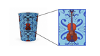 Blue 9 oz paper cup with repeating viola pattern with close-up of viola design