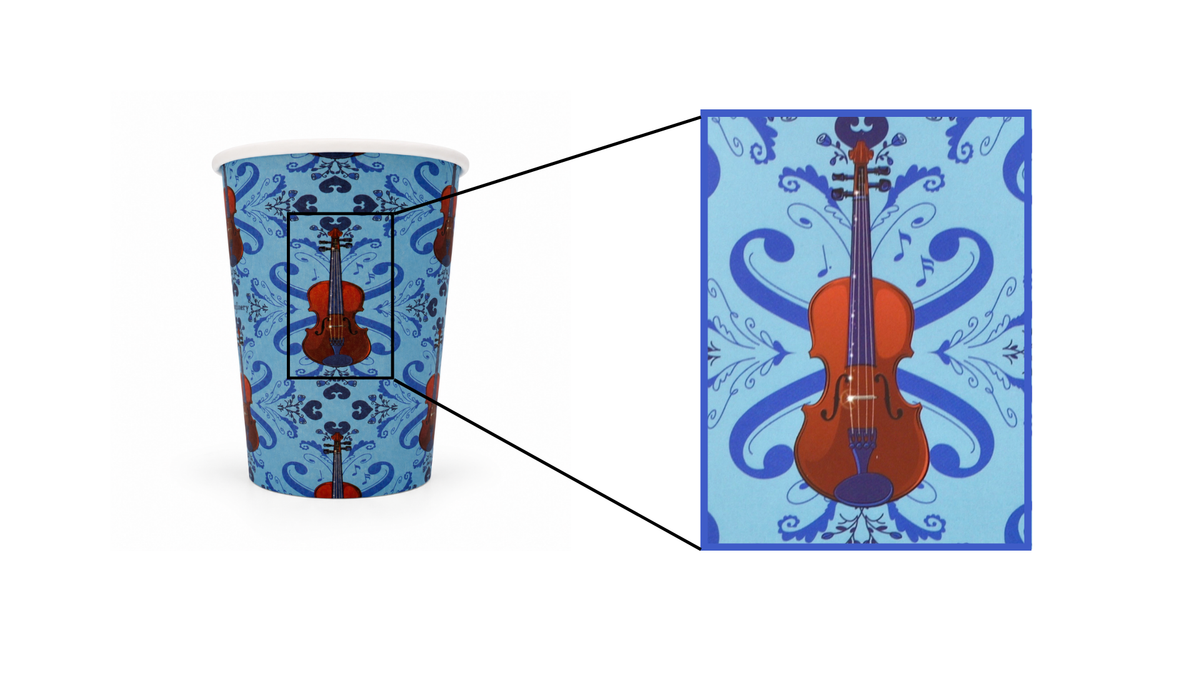Blue 9 oz paper cup with repeating viola pattern with close-up of viola design